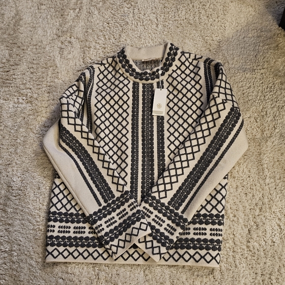 NWT Tory Burch Melange Wool Sweater. Grey/Ivory Size Large - Picture 3 of 6